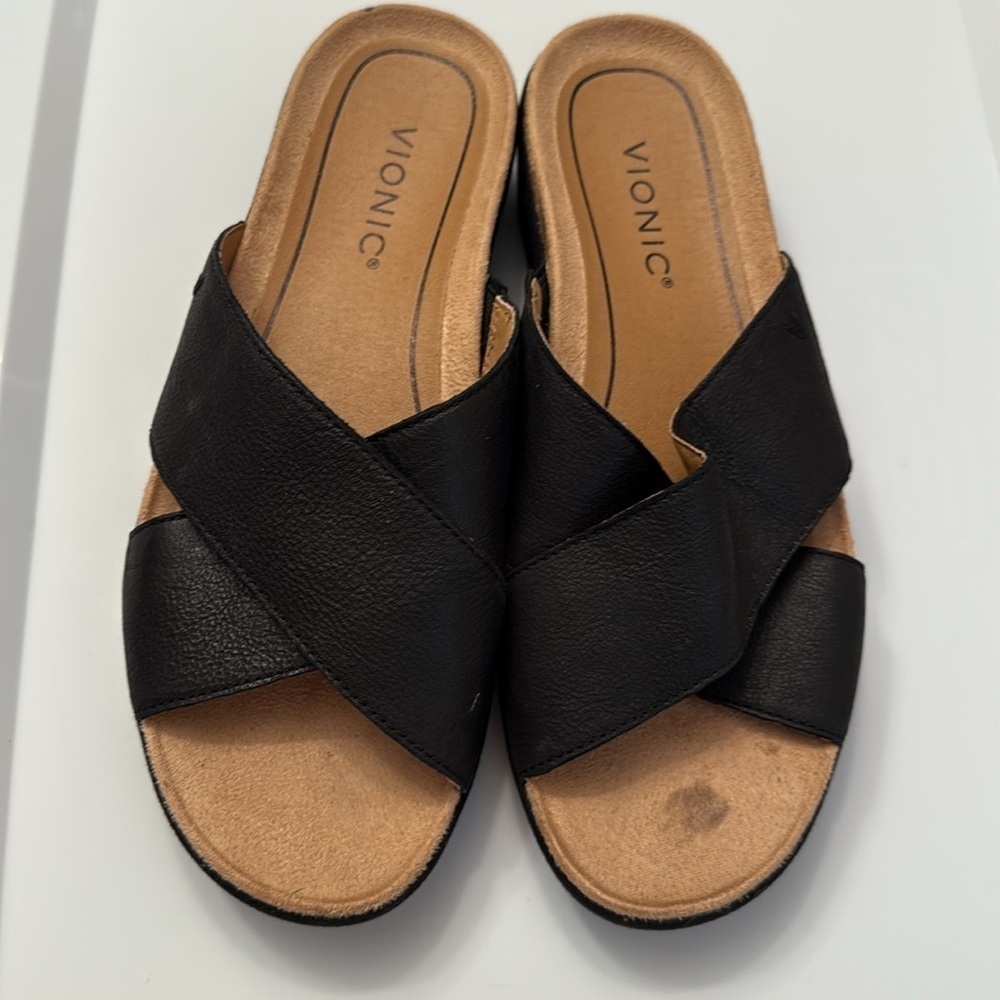 VIONIC HAYDEN 10010219 BLACK LEATHER WEDGE SLIDE SANDAL 8.5